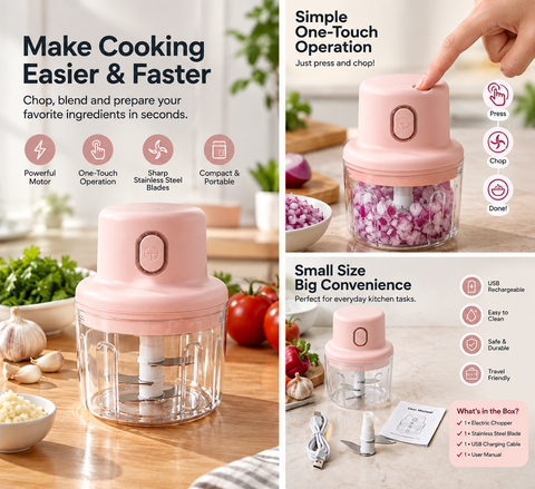Mini Food Chopper Portable USB Rechargeable Vegetable Garlic Meat Grinder | With Cable - Size 250ml